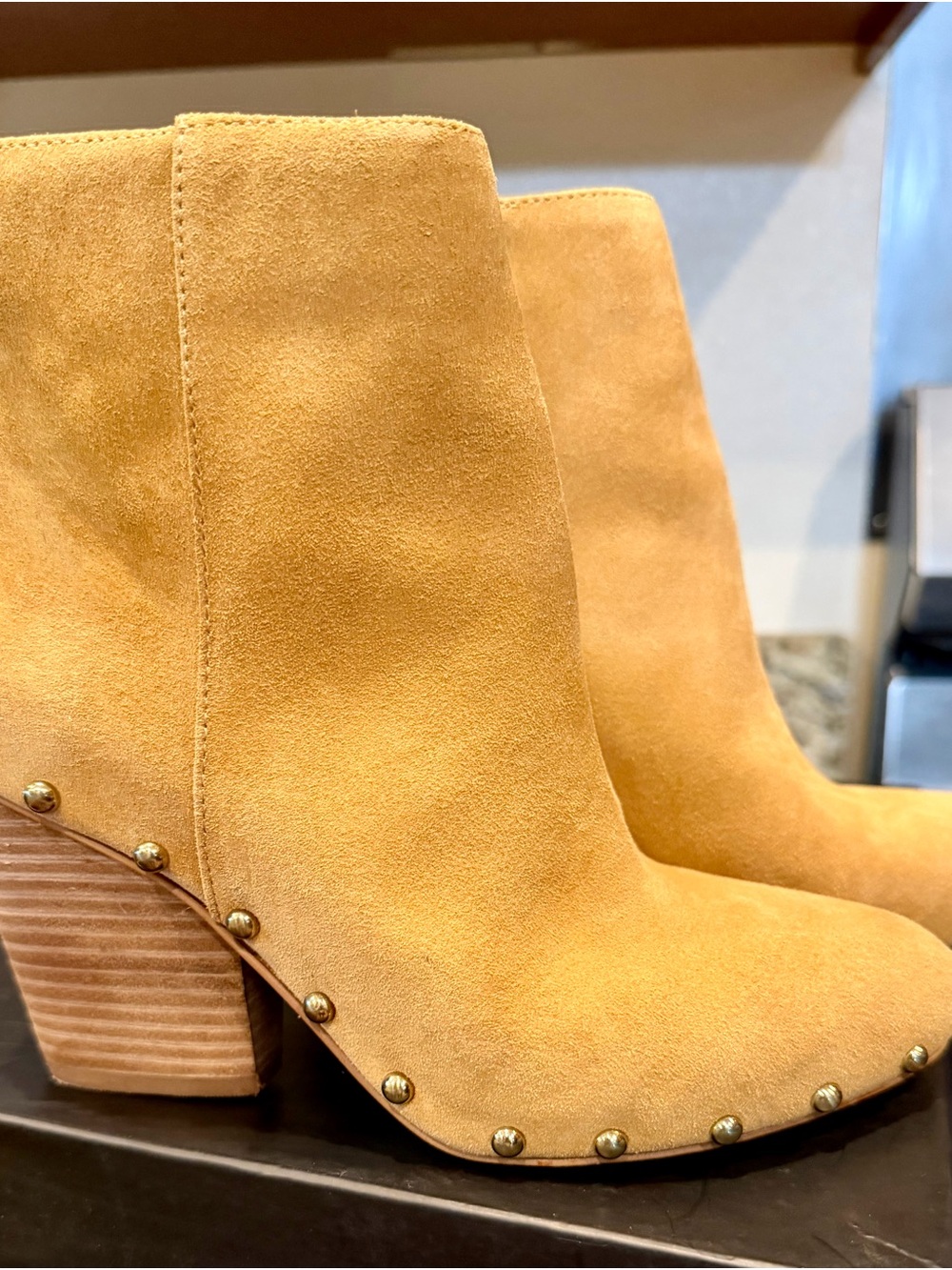 BCBGeneration “Jonnie” Wheat Suede Studded Ankle Booties